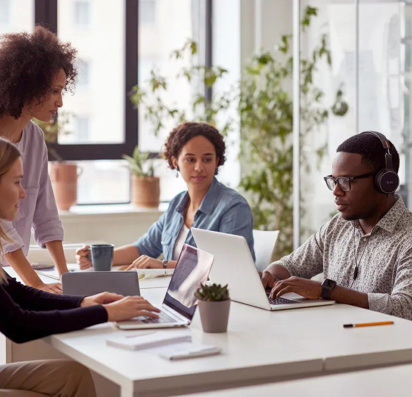 Four diverse coworkers collaborating around a table with laptops in a bright office with plants.