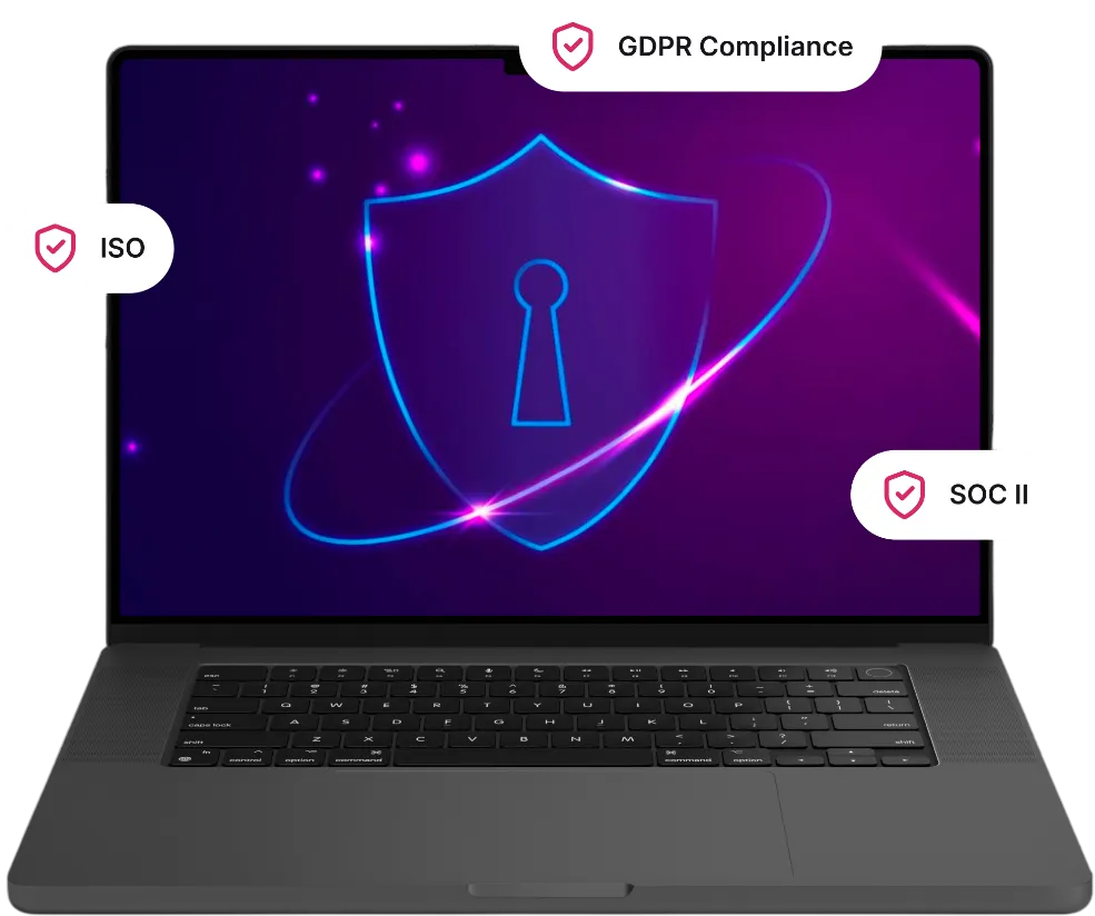 Dark gray laptop displaying a glowing shield with a keyhole and orbiting neon blue ring, labeled with GDPR Compliance, ISO, and SOC II tags.
